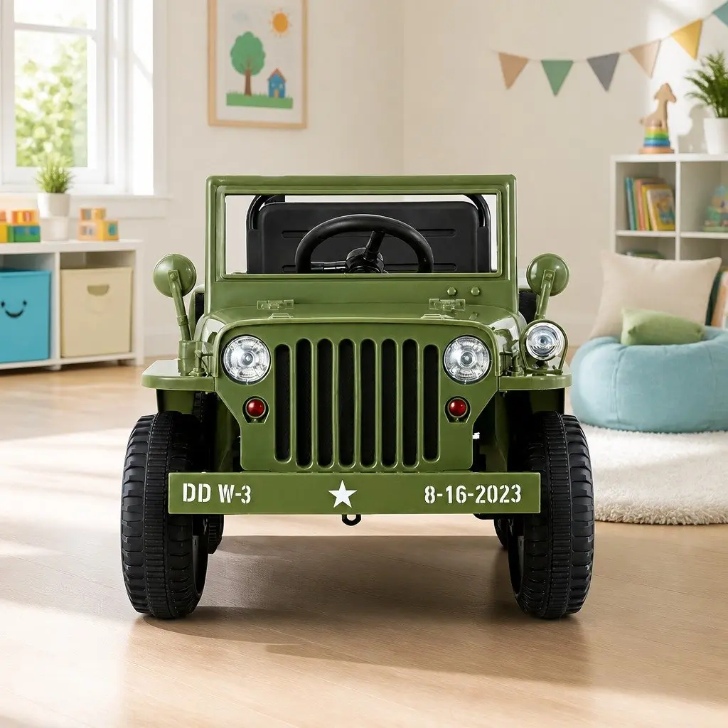 Kids Ride On Car Olive Green 12V Off-Road Jeep Toy Remote Control Keyless Start Interactive Dashboard