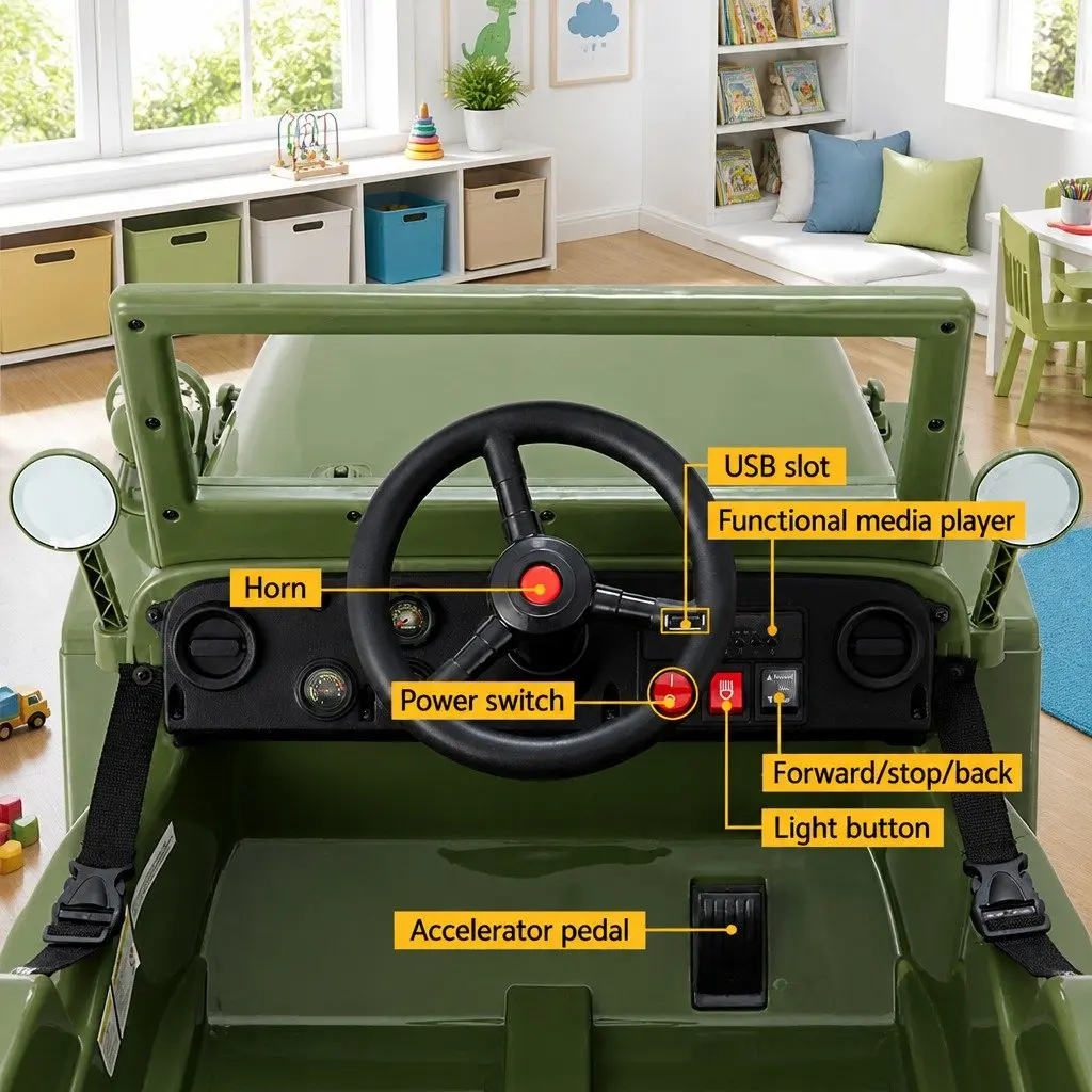 Kids Ride On Car Olive Green 12V Off-Road Jeep Toy Remote Control Keyless Start Interactive Dashboard
