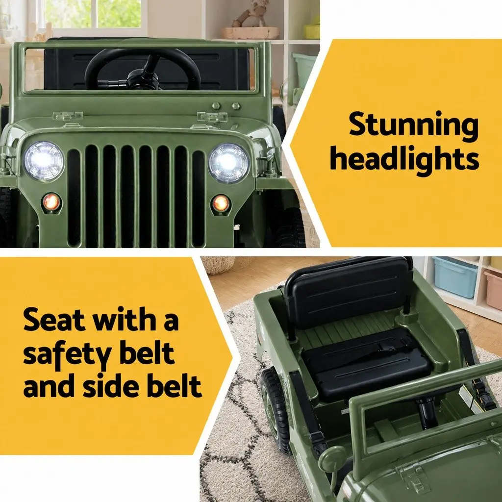 Kids Ride On Car Olive Green 12V Off-Road Jeep Toy Remote Control Keyless Start Interactive Dashboard
