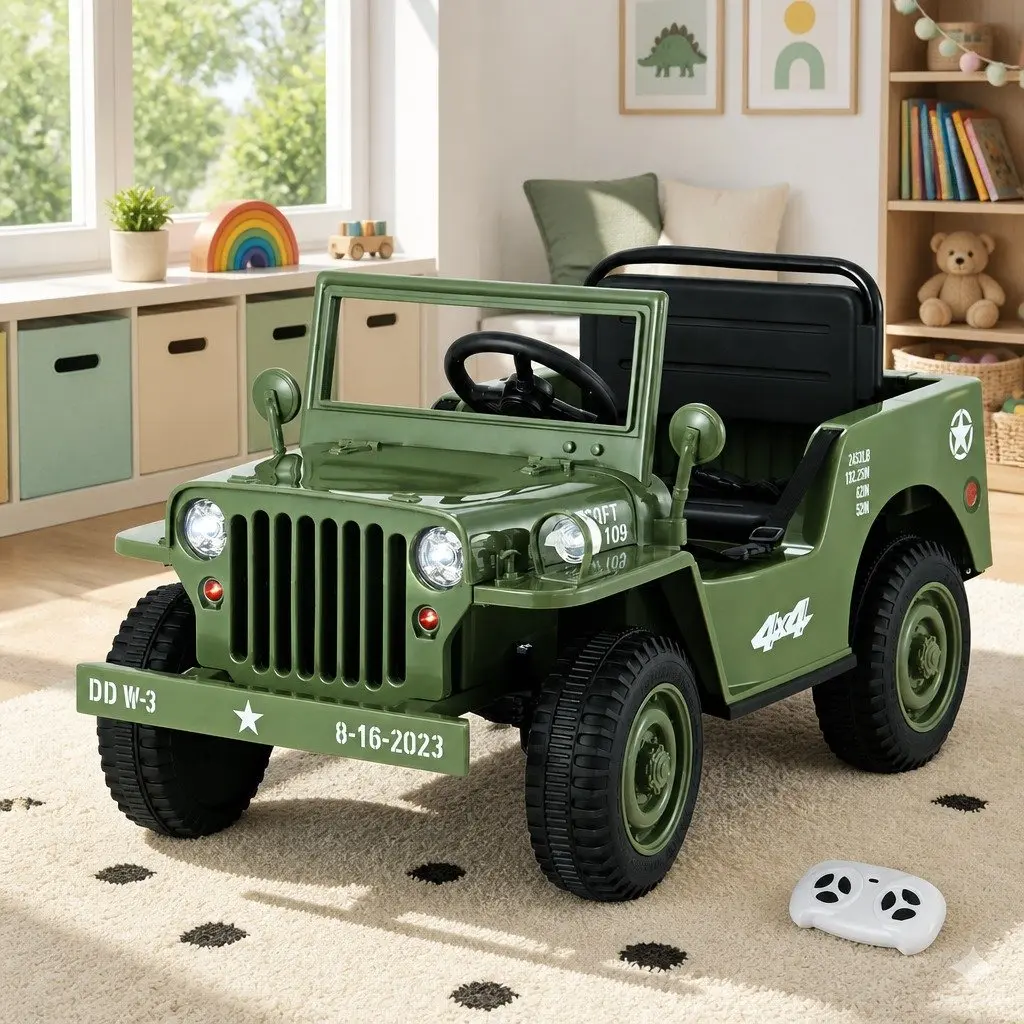 Kids Ride On Car Olive Green 12V Off-Road Jeep Toy Remote Control Keyless Start Interactive Dashboard