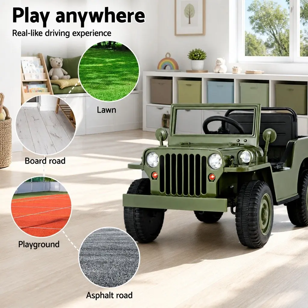Kids Ride On Car Olive Green 12V Off-Road Jeep Toy Remote Control Keyless Start Interactive Dashboard