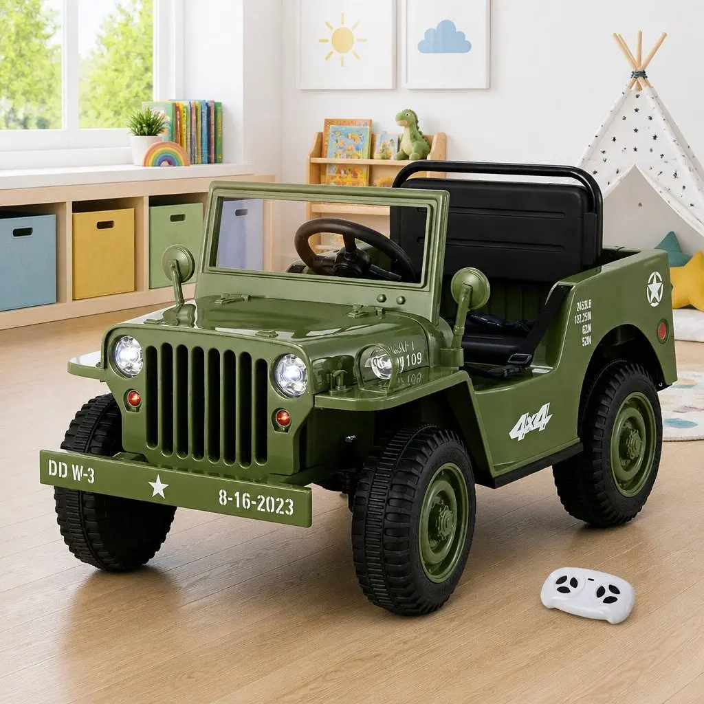 Kids Ride On Car Olive Green 12V Off-Road Jeep Toy Remote Control Keyless Start Interactive Dashboard