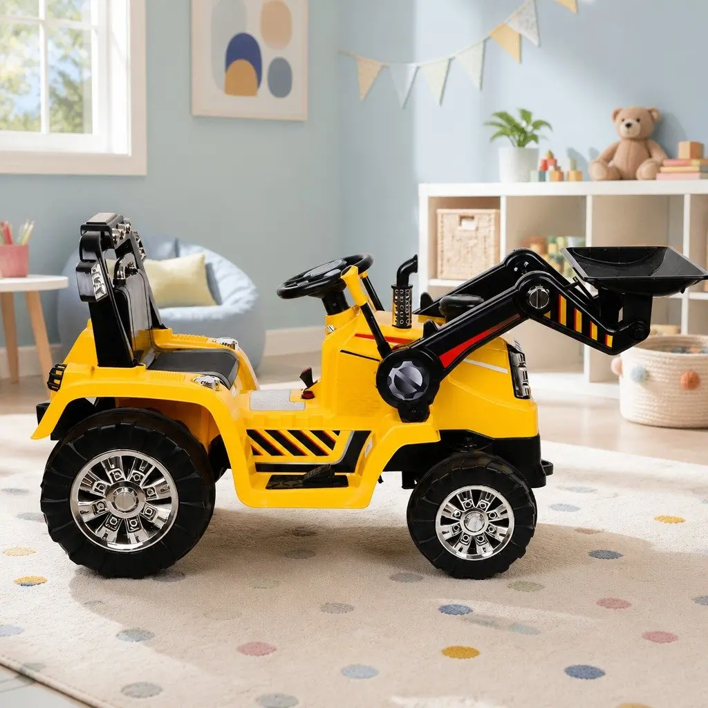 Kids Electric Ride On Bulldozer Digger Loader Yellow 6V Remote Control with Working Lifting Arm Headlights and Music