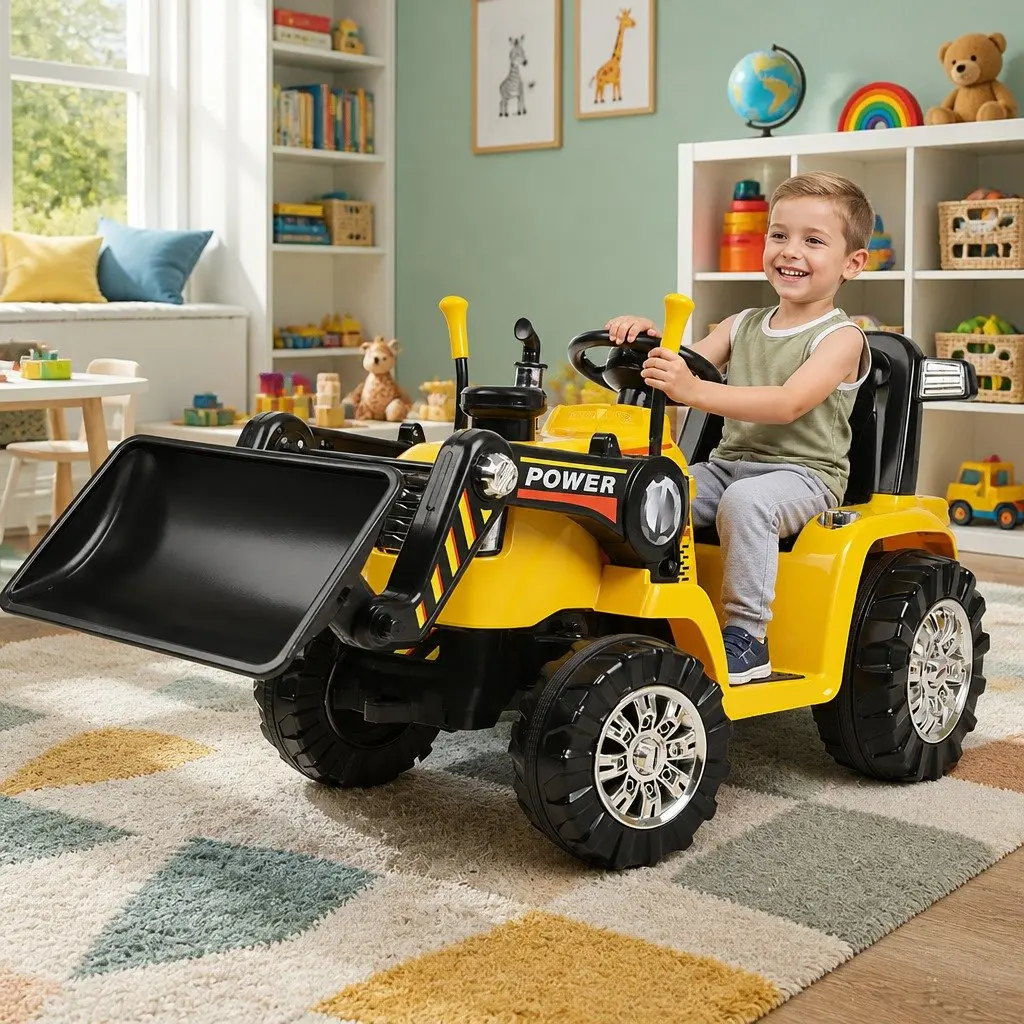 Kids Electric Ride On Bulldozer Digger Loader Yellow 6V Remote Control with Working Lifting Arm Headlights and Music