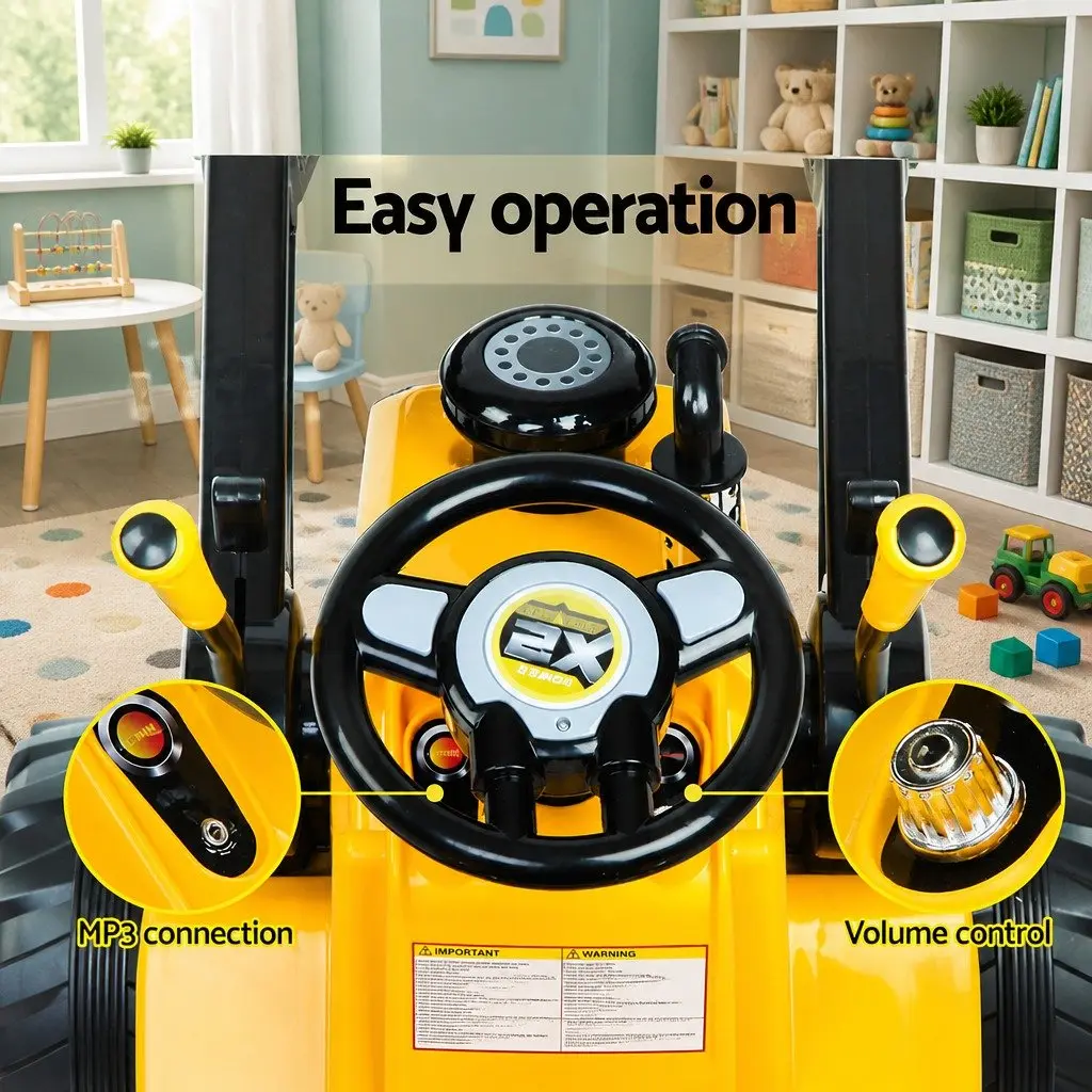 Kids Electric Ride On Bulldozer Digger Loader Yellow 6V Remote Control with Working Lifting Arm Headlights and Music