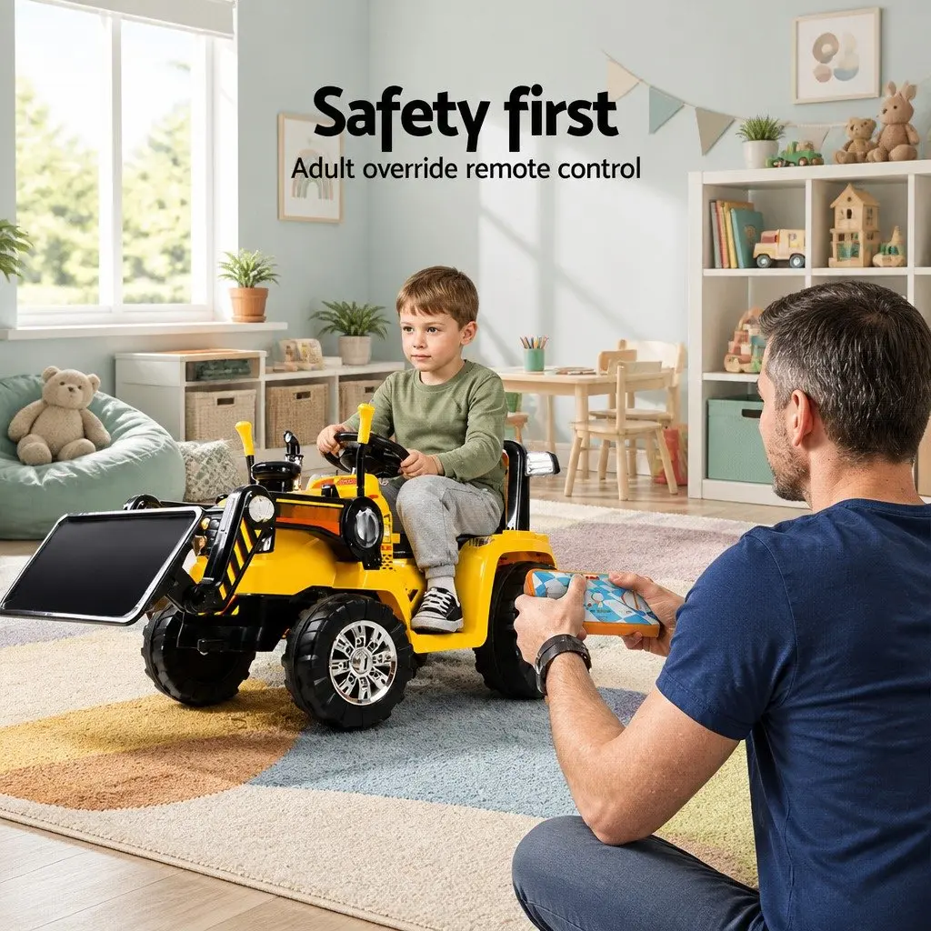 Kids Electric Ride On Bulldozer Digger Loader Yellow 6V Remote Control with Working Lifting Arm Headlights and Music