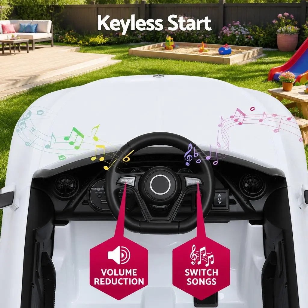 Kids Ride On Car White 3 Years Music Remote Control Adjustable Safety Seat Belt