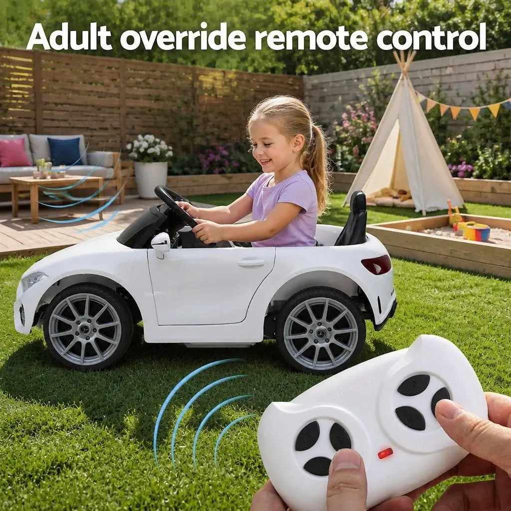 Kids Ride On Car White 3 Years Music Remote Control Adjustable Safety Seat Belt