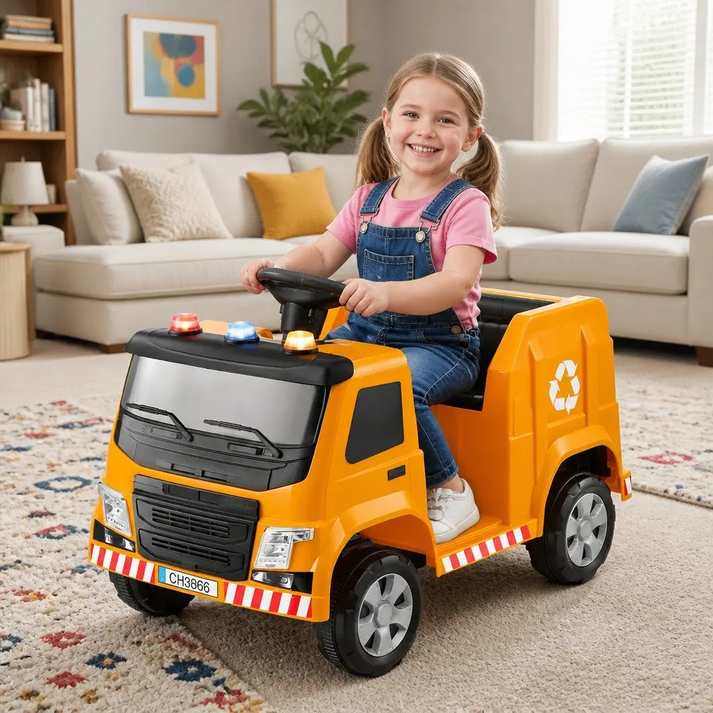 Ride On Car Yellow 12V Electric Kids Garbage Truck with Remote Control and Safety Seat Belt