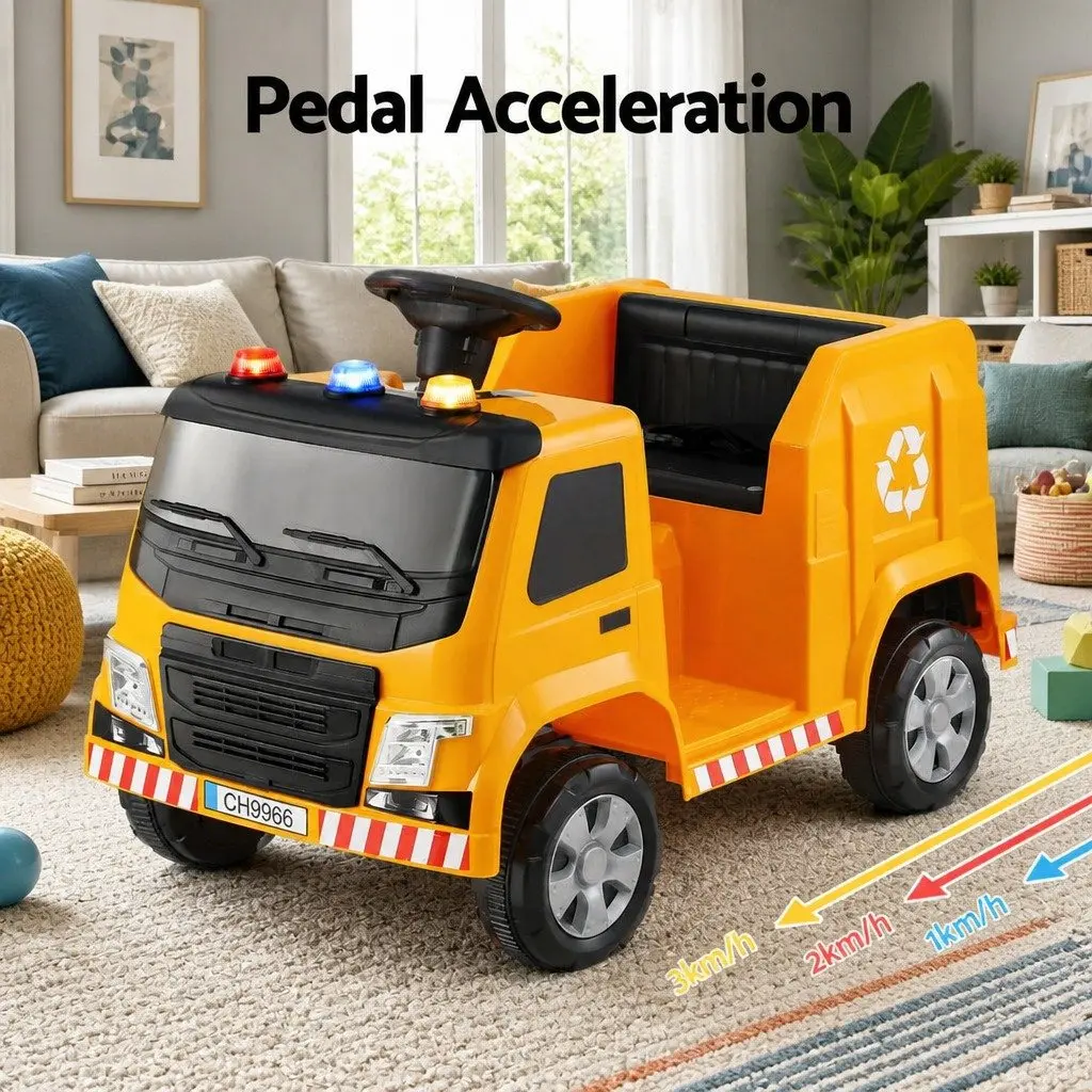 Ride On Car Yellow 12V Electric Kids Garbage Truck with Remote Control and Safety Seat Belt