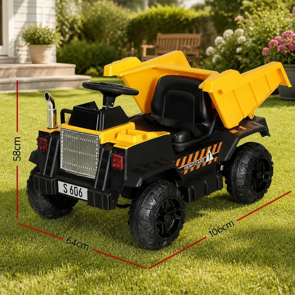 Kids Electric Ride On Dumptruck Toy Yellow Black 12V Battery Powered with Steering Wheel and Acceleration Pedal