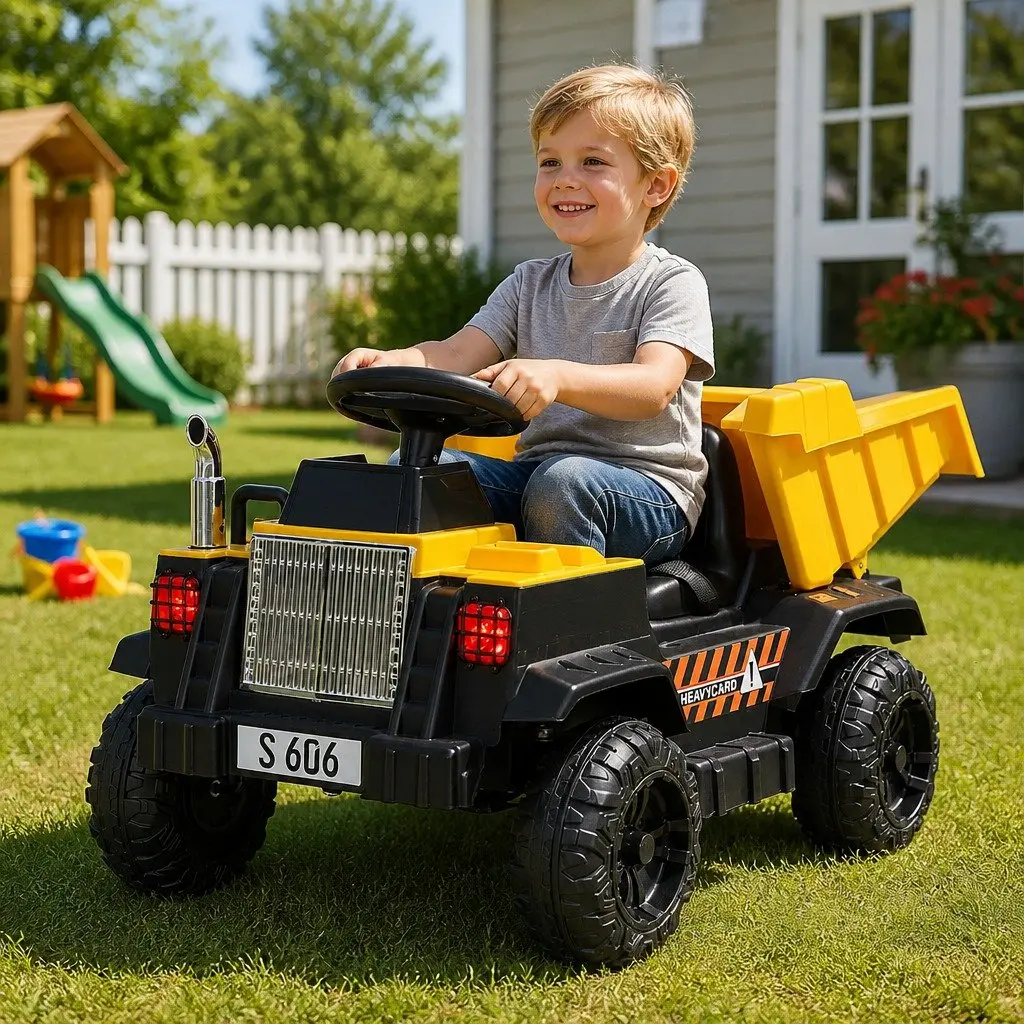 Kids Electric Ride On Dumptruck Toy Yellow Black 12V Battery Powered with Steering Wheel and Acceleration Pedal
