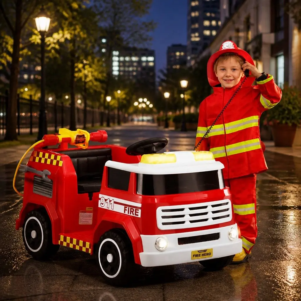 Ride On Car Red Kids Fire Truck Electric Vehicle with Water Gun Siren Light Music and Remote Control