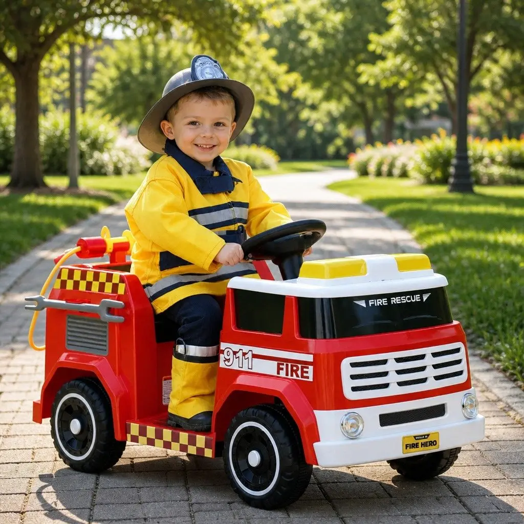 Ride On Car Red Kids Fire Truck Electric Vehicle with Water Gun Siren Light Music and Remote Control
