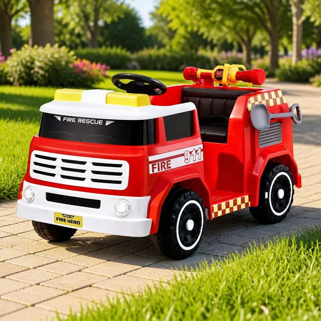 Ride On Car Red Kids Fire Truck Electric Vehicle with Water Gun Siren Light Music and Remote Control