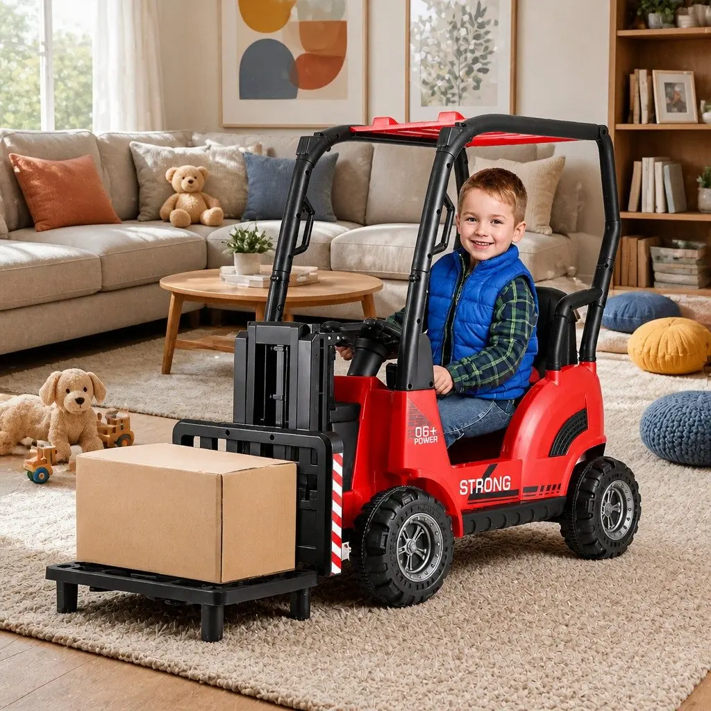 Red Ride On Forklift Loader Toy Car 12V Remote Control with Horn and MP3 Music Capability