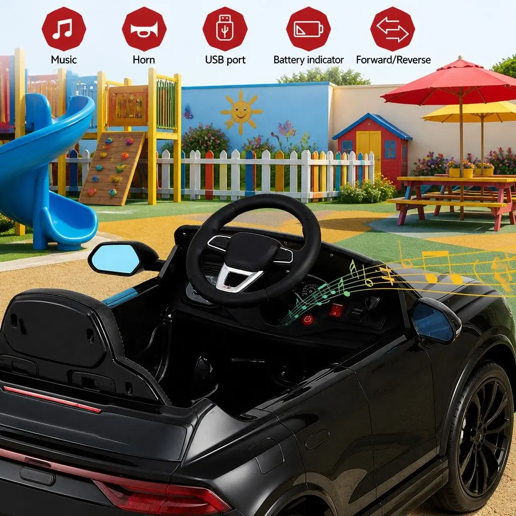 Kids Ride On Car Black 12V Electric Remote Control Steering Wheel Pedal