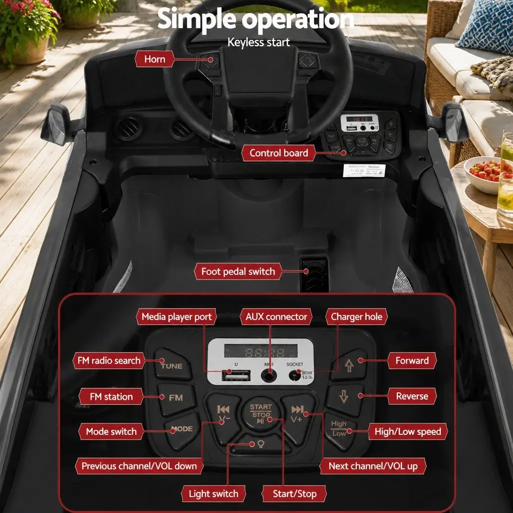 Kids Ride On Car Black 12V Remote Control with Steering Wheel and Adjustable Speed