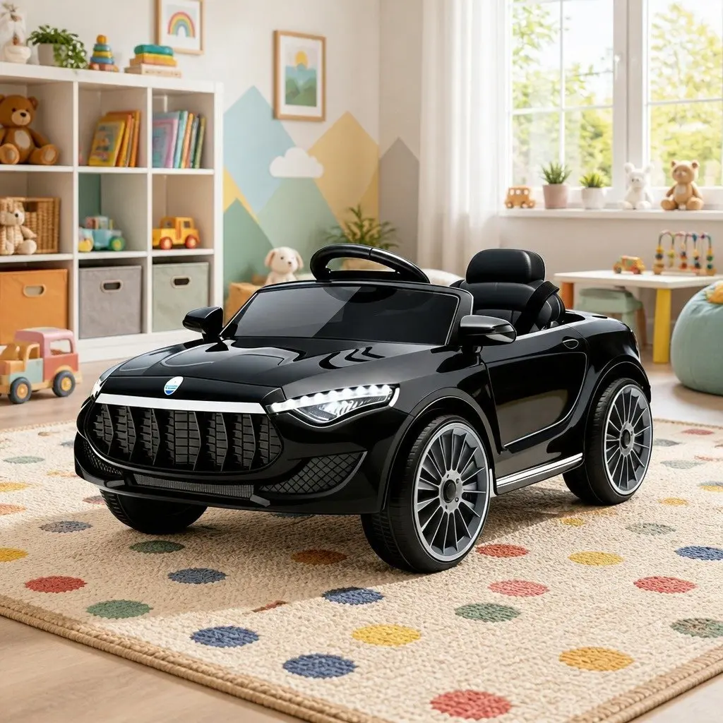 Kids Ride On Car Black 12V Battery Powered Remote Control with Steering Wheel and Acceleration Pedal