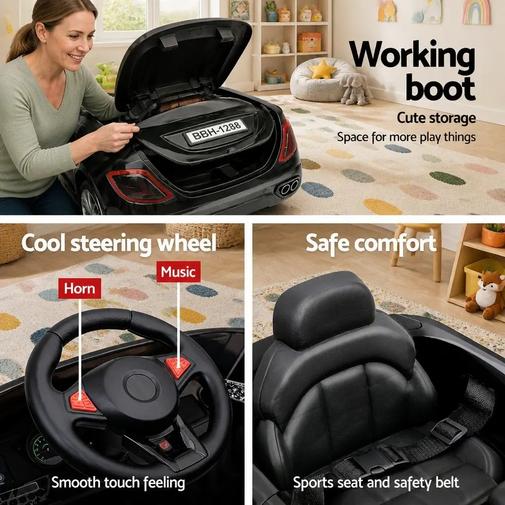 Kids Ride On Car Black 12V Battery Powered Remote Control with Steering Wheel and Acceleration Pedal