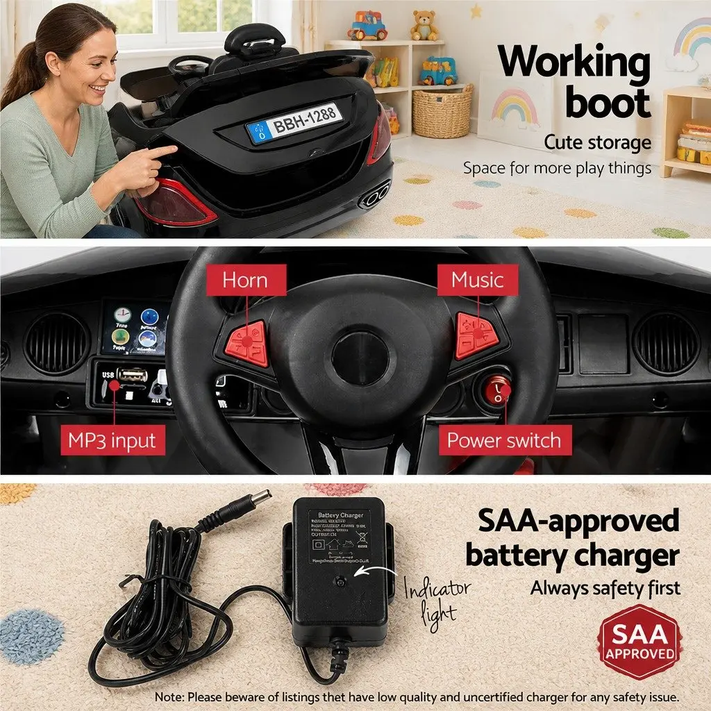 Kids Ride On Car Black 12V Battery Powered Remote Control with Steering Wheel and Acceleration Pedal