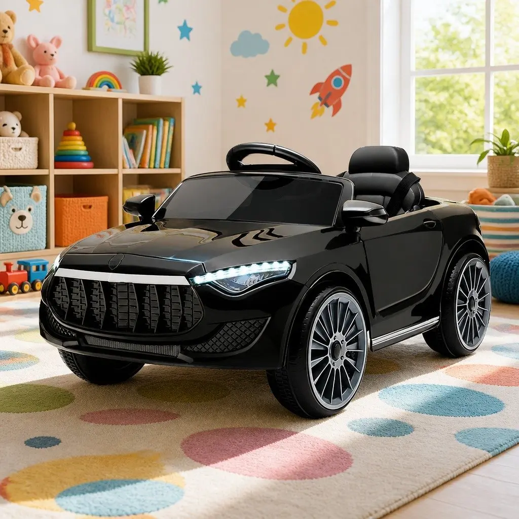 Kids Ride On Car Black 12V Battery Powered Remote Control with Steering Wheel and Acceleration Pedal