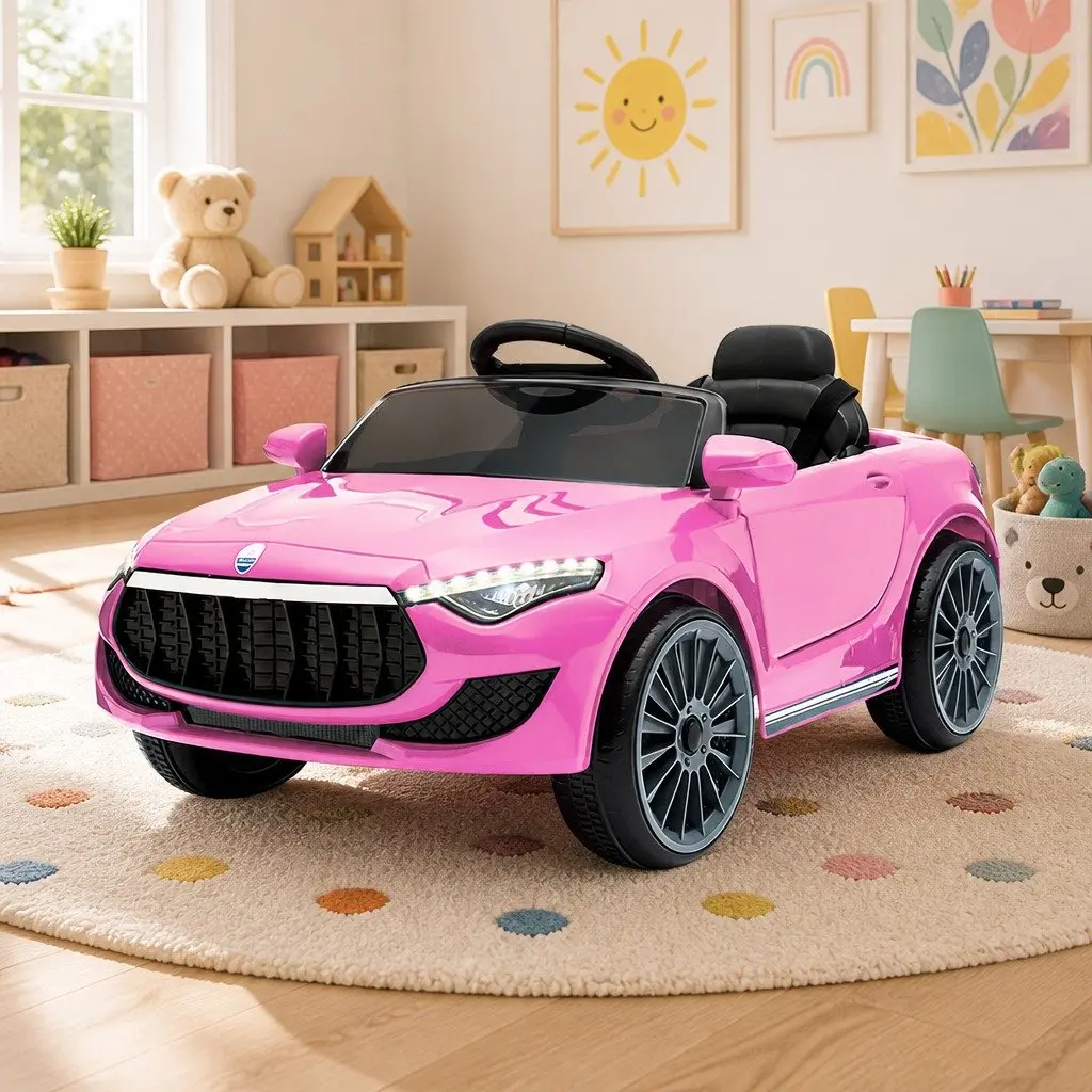 Kids Ride On Car Pink 12V Remote Control Headlight Music