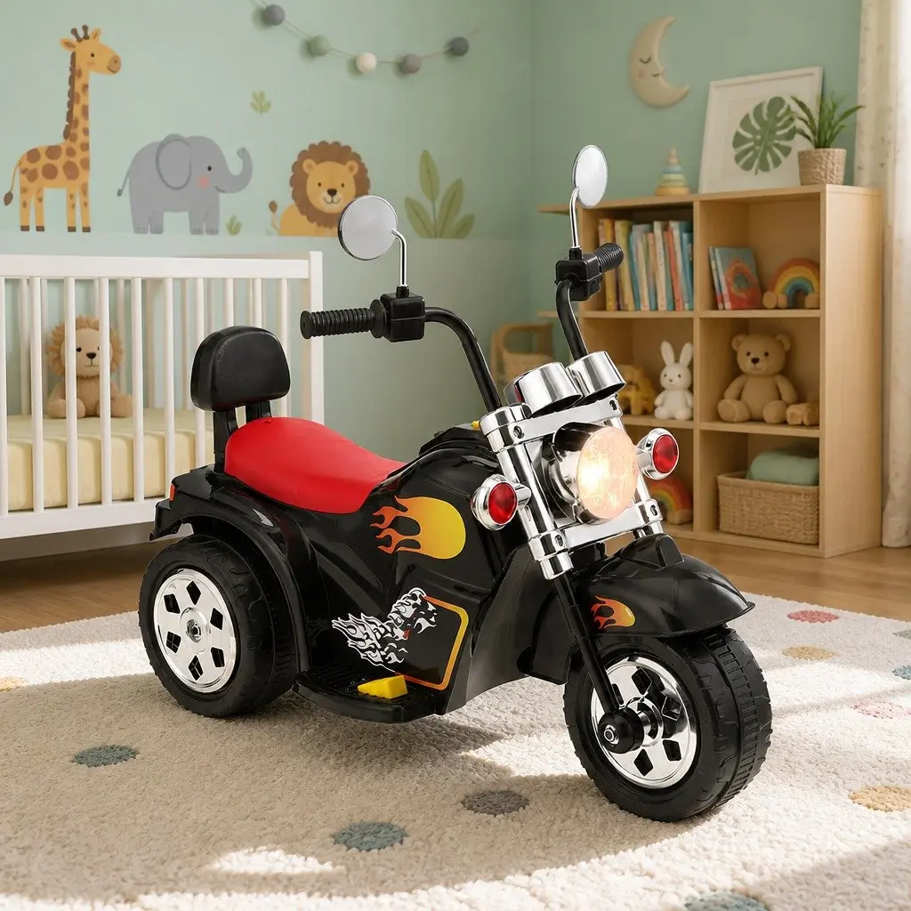 Ride On Motorbike Black 6V Battery Powered with Acceleration Pedal Horn Music Functions