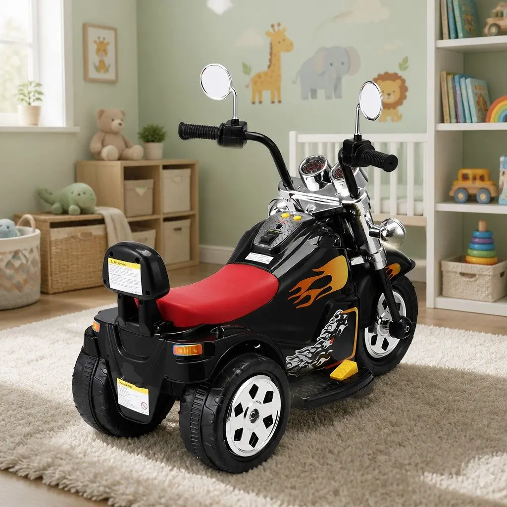Ride On Motorbike Black 6V Battery Powered with Acceleration Pedal Horn Music Functions