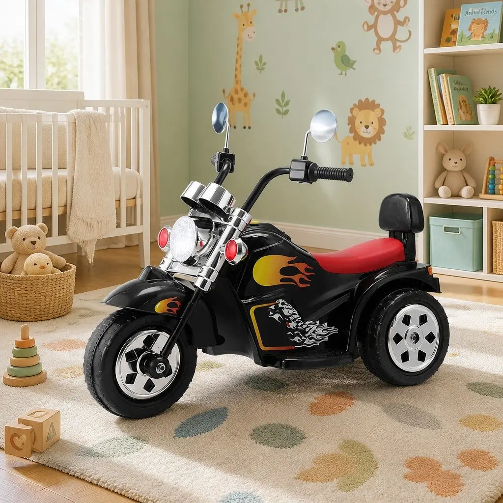 Ride On Motorbike Black 6V Battery Powered with Acceleration Pedal Horn Music Functions