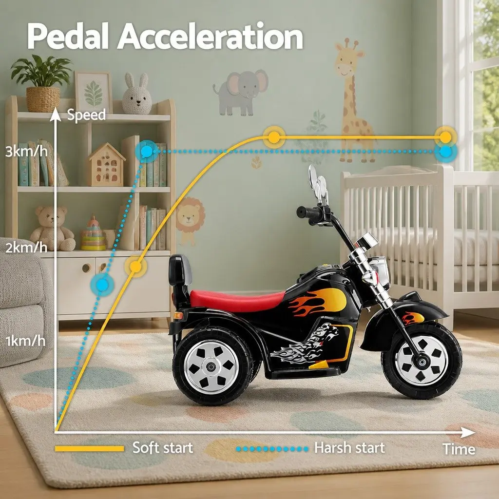 Ride On Motorbike Black 6V Battery Powered with Acceleration Pedal Horn Music Functions