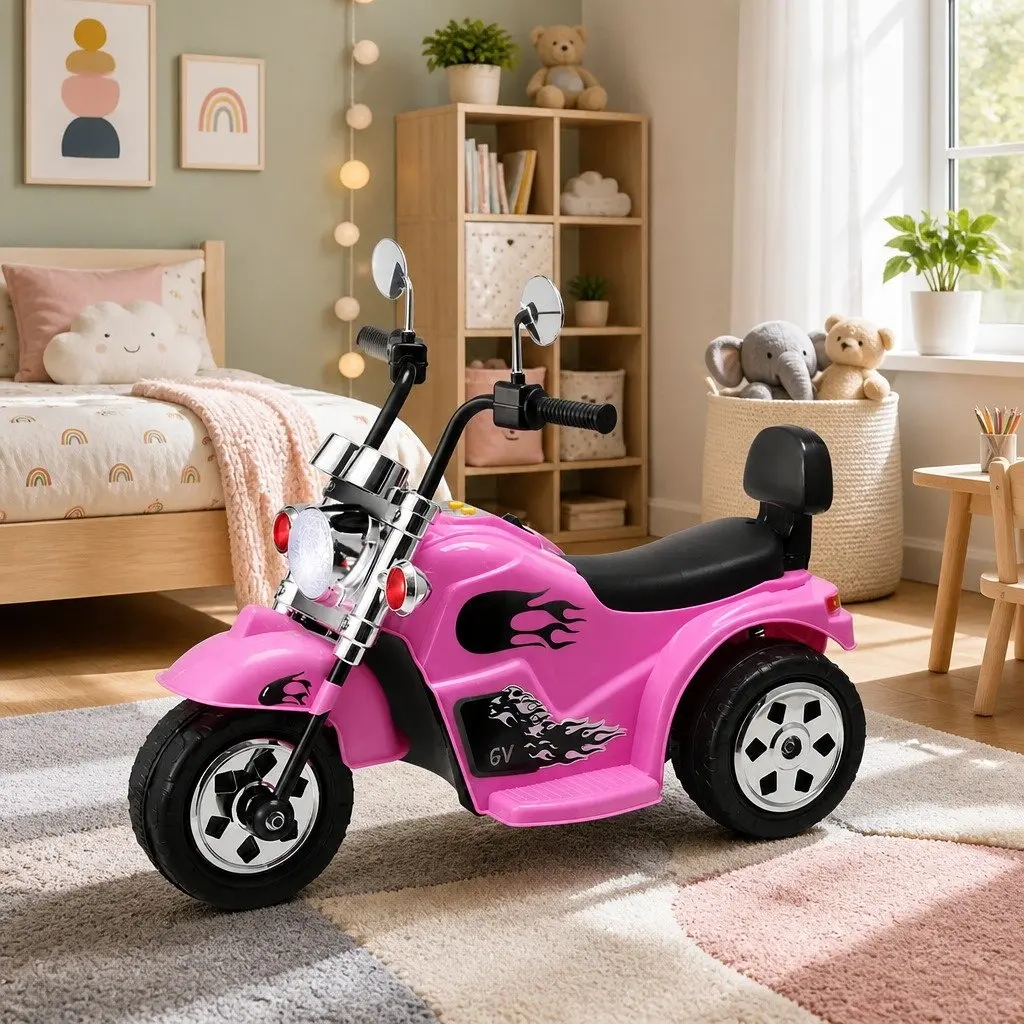 Ride On Motorcycle Pink 6V Battery Powered with Acceleration Pedal Twin Motors Horn and Music Entertainment Headlight Anti-slip Tyres