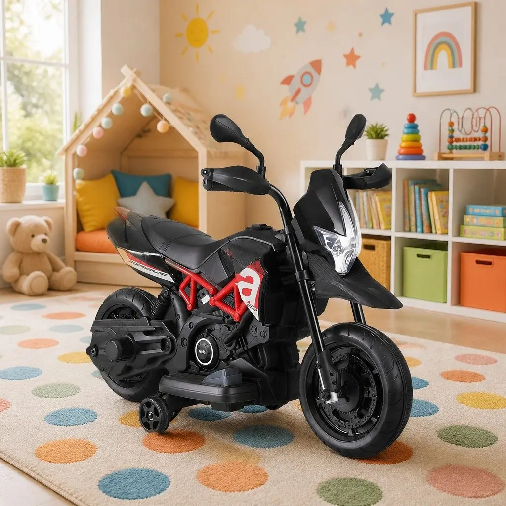 Kids Ride On Motorbike Black 6V Battery Powered Toy Bike with Steering Handlebar Acceleration Pedal Horn Music Feature