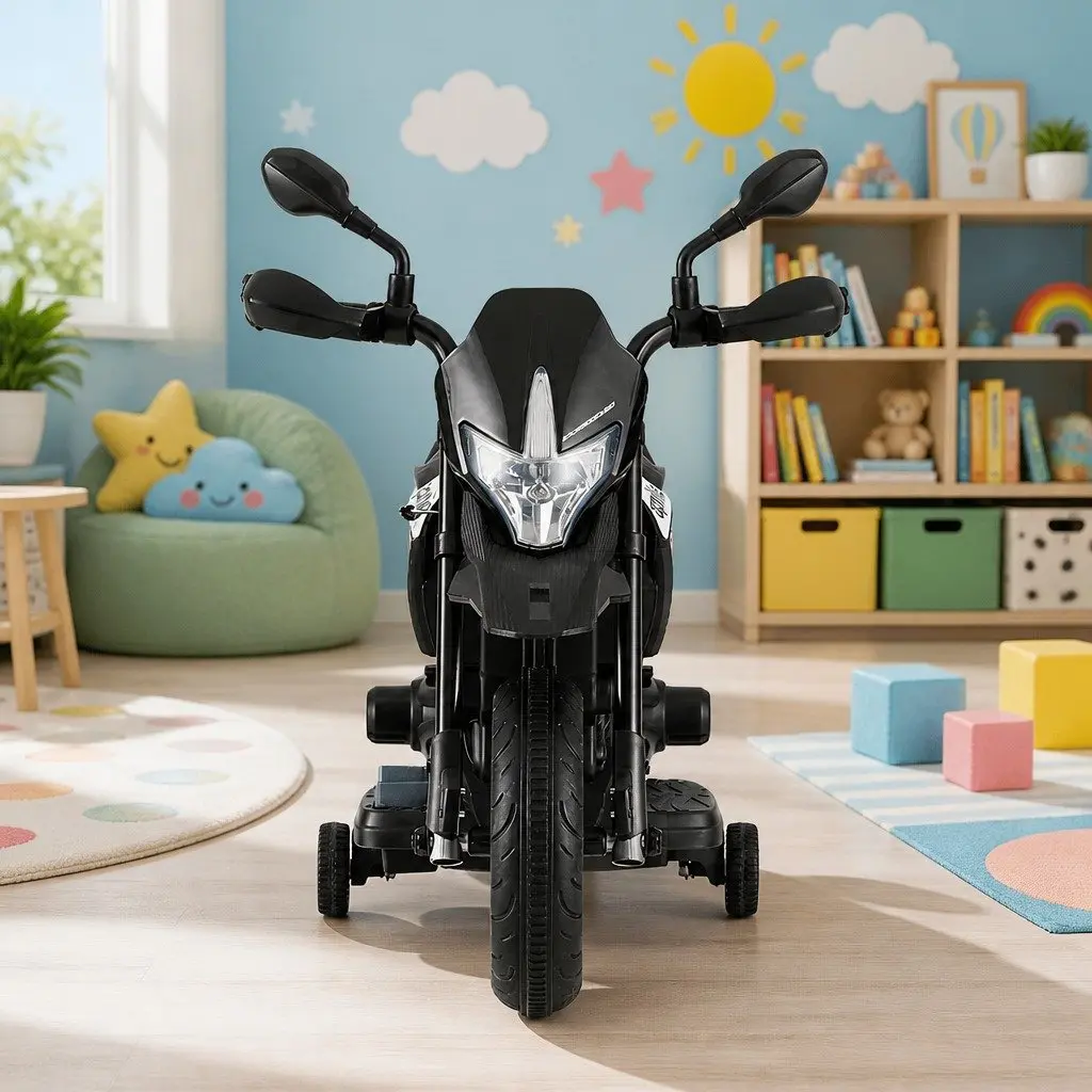 Kids Ride On Motorbike Black 6V Battery Powered Toy Bike with Steering Handlebar Acceleration Pedal Horn Music Feature