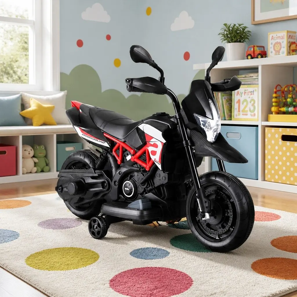 Kids Ride On Motorbike Black 6V Battery Powered Toy Bike with Steering Handlebar Acceleration Pedal Horn Music Feature