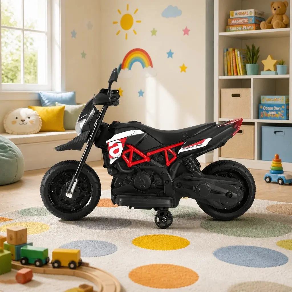Kids Ride On Motorbike Black 6V Battery Powered Toy Bike with Steering Handlebar Acceleration Pedal Horn Music Feature