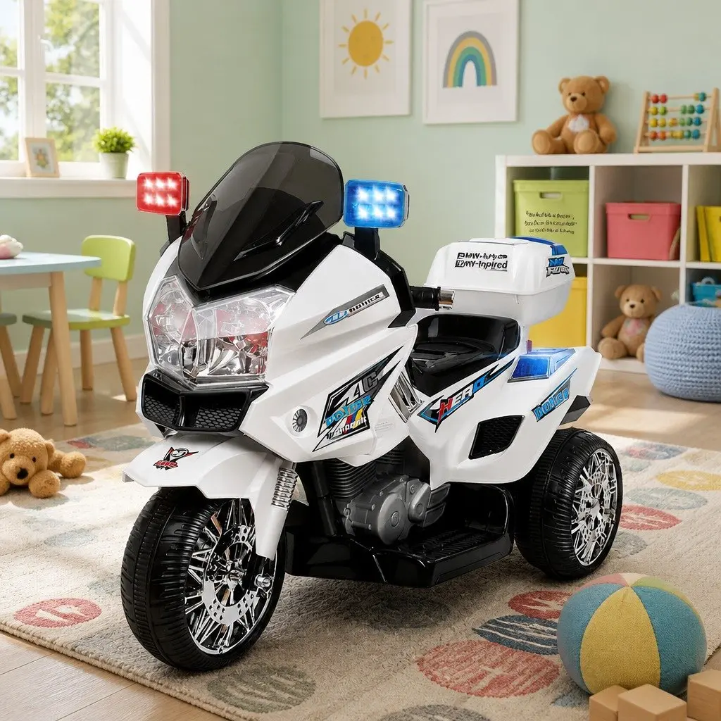 Ride On Car Black 6V Electric Police Car with Horn Music Lights for Kids