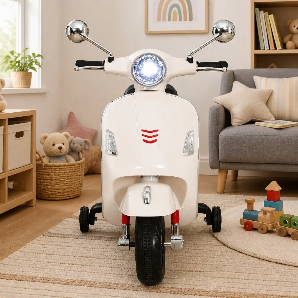Kids Ride On Motorbike White Battery Powered with Handlebar Controls and Anti-Slip Tyres