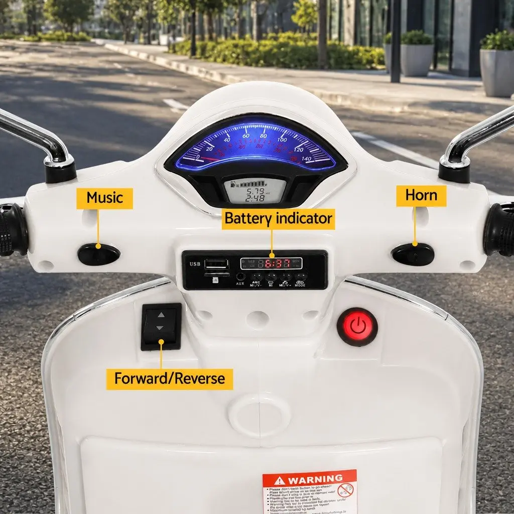 Kids Ride On Motorbike White Battery Powered with Handlebar Controls and Anti-Slip Tyres
