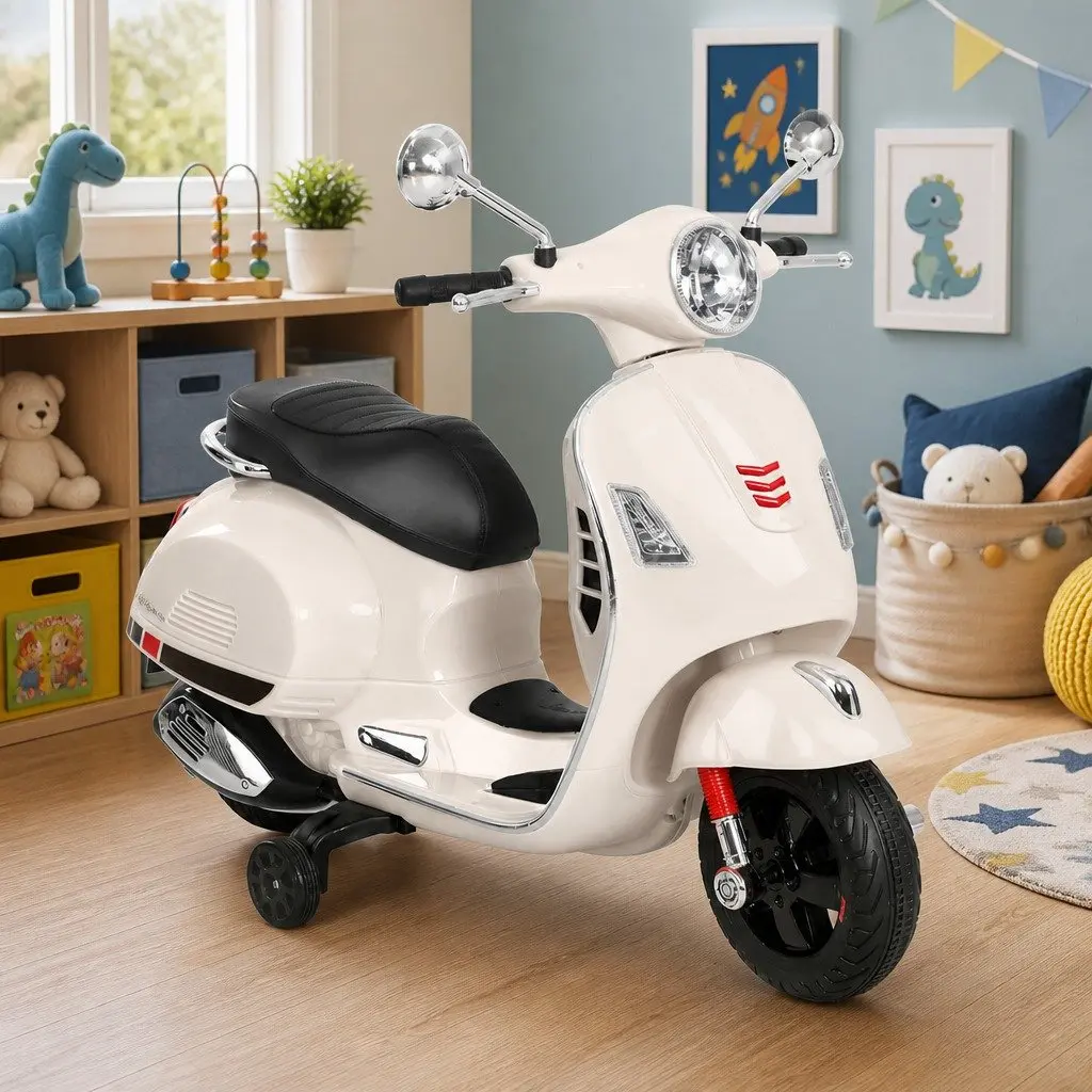 Kids Ride On Motorbike White Battery Powered with Handlebar Controls and Anti-Slip Tyres