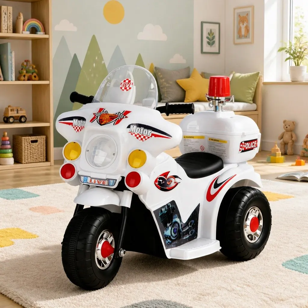 Kids Electric Ride On Motorcycle White 6V Battery Realistic Controls Anti-slip Tyres