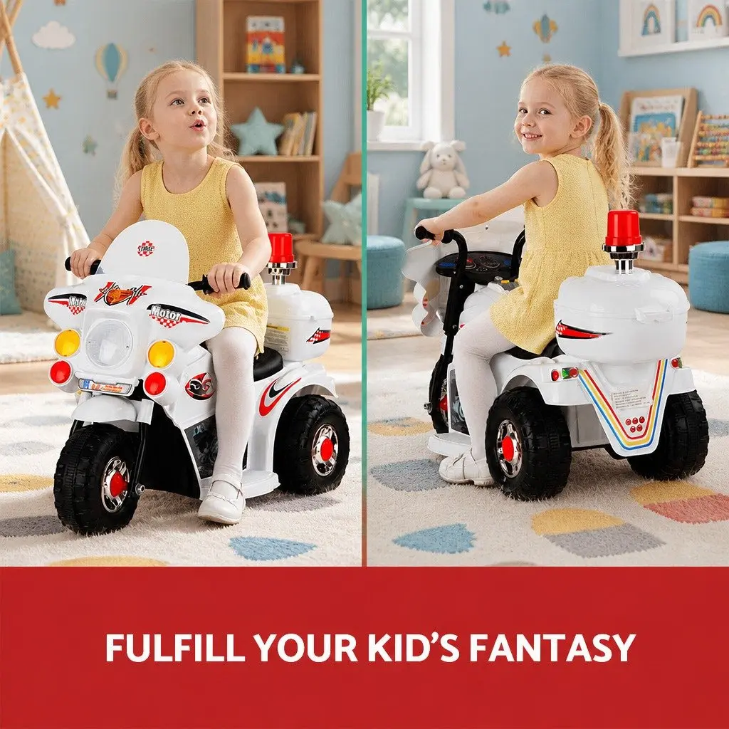 Kids Electric Ride On Motorcycle White 6V Battery Realistic Controls Anti-slip Tyres
