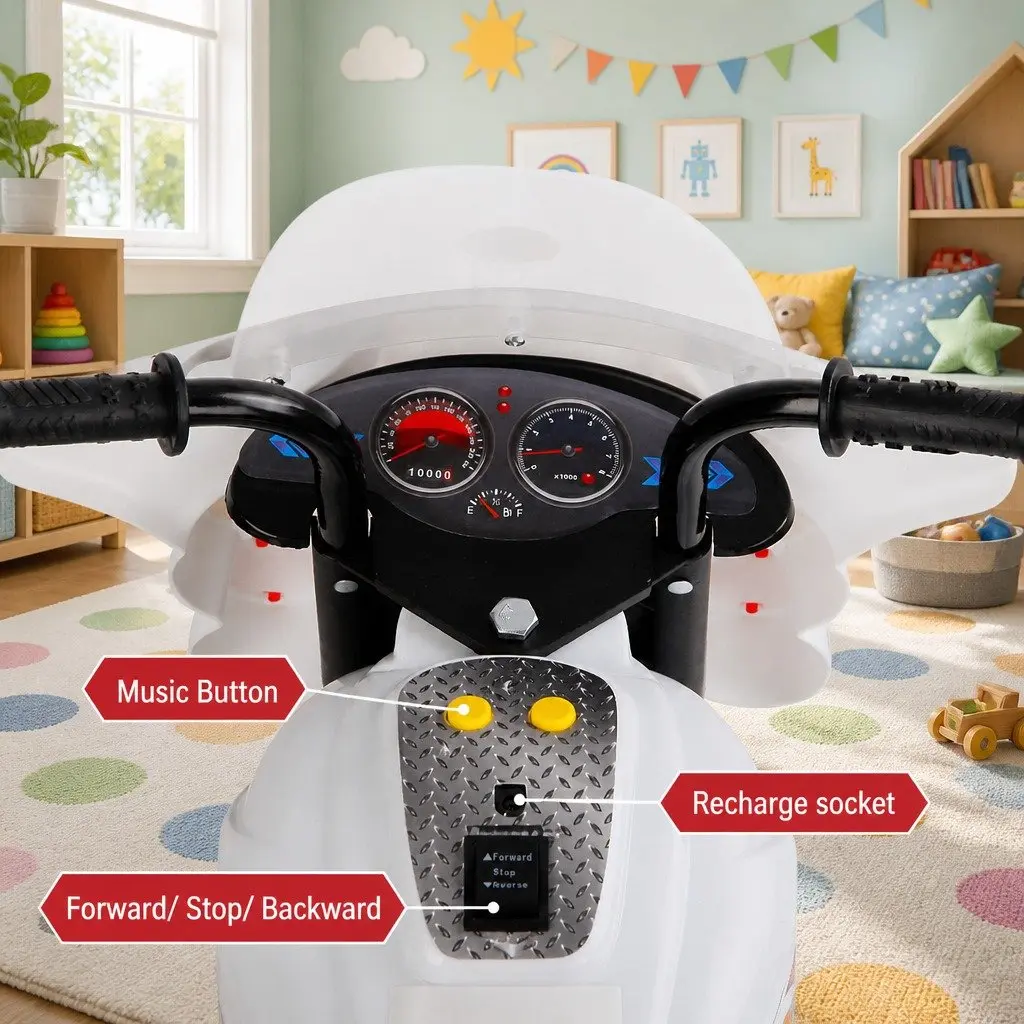 Kids Electric Ride On Motorcycle White 6V Battery Realistic Controls Anti-slip Tyres