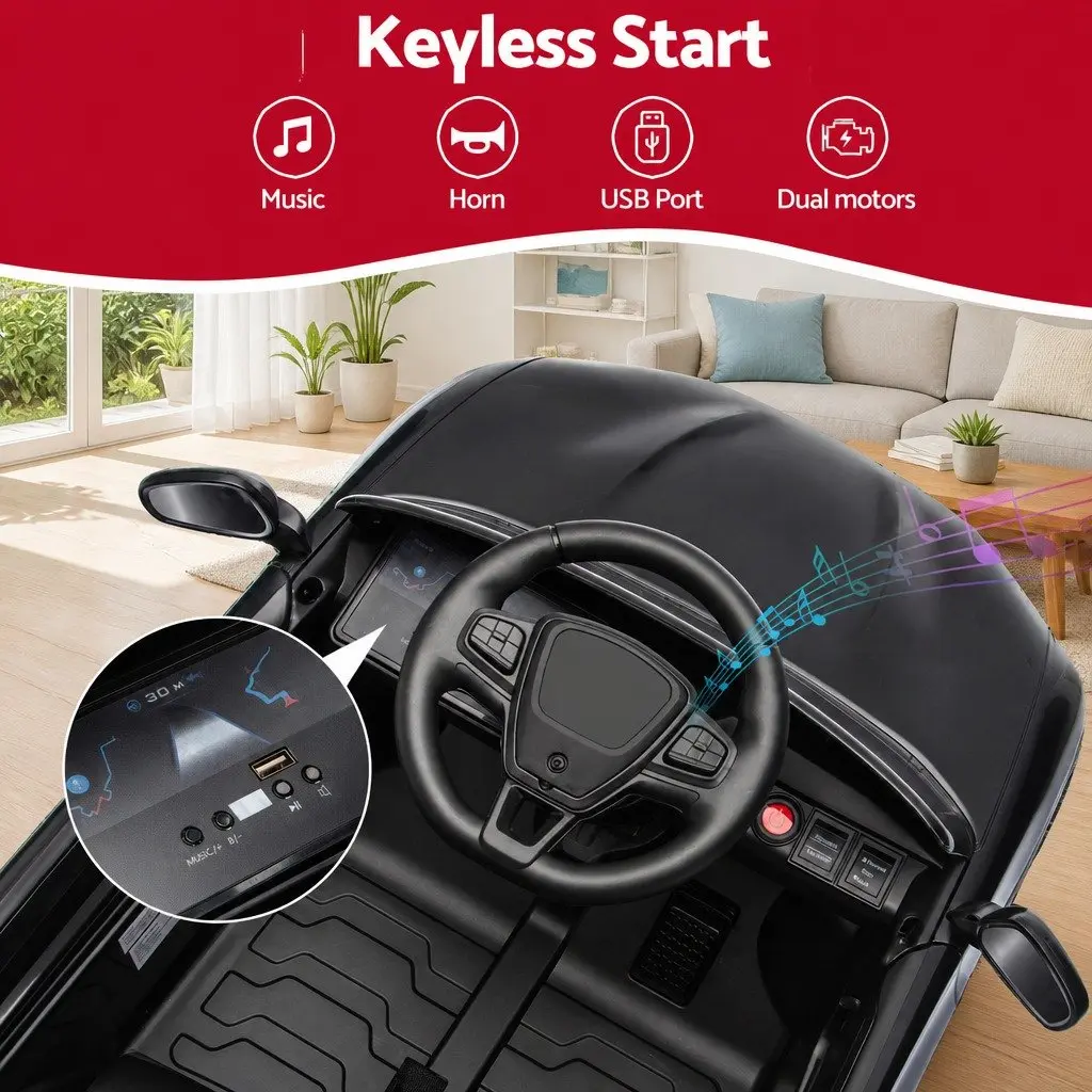 Kids Ride On Car Black 97x61cm 12V Electric Remote Control with Horn Music and Adjustable Seat Belt