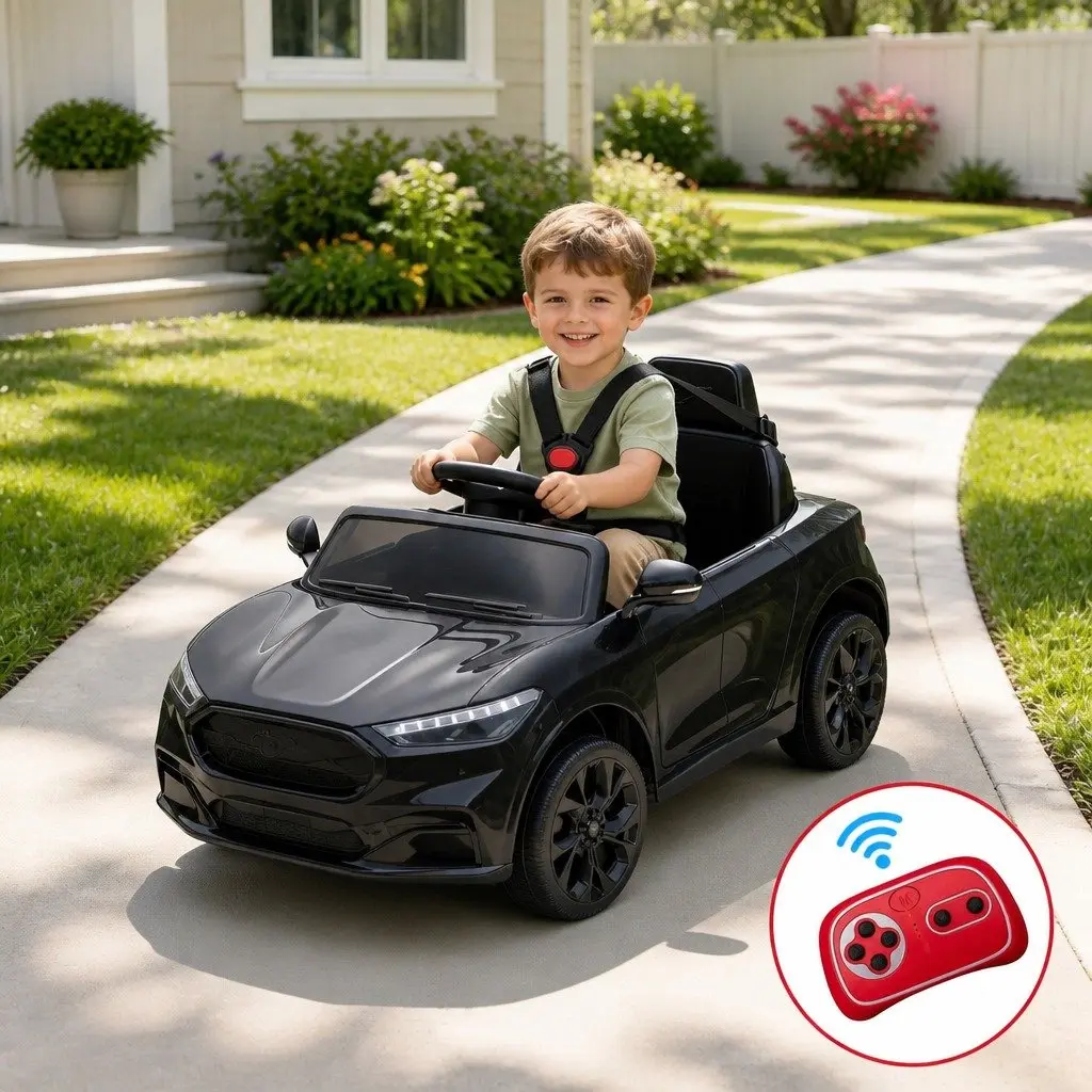 Kids Ride On Car Black 97x61cm 12V Electric Remote Control with Horn Music and Adjustable Seat Belt