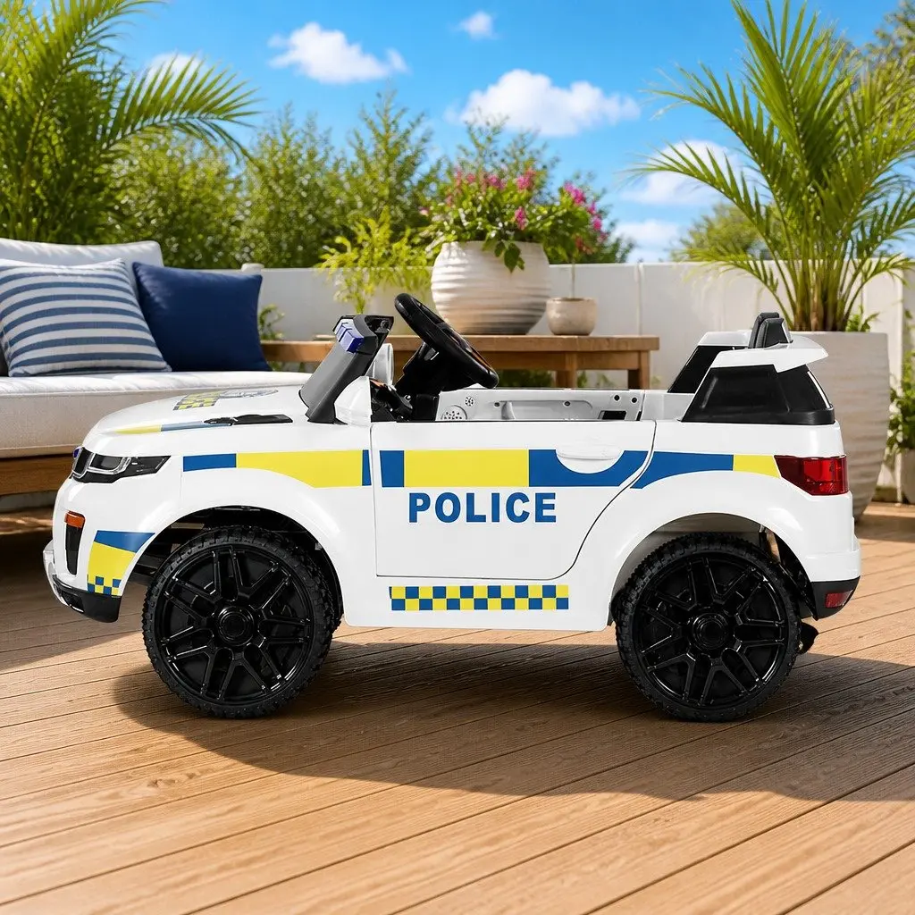 Kids Ride On Car White Electric Police Car with Remote Control and Music for Ages 3 Years and Up