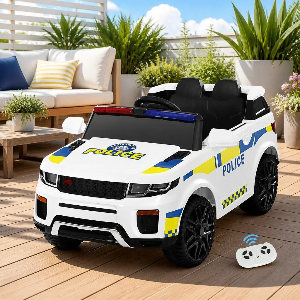 Kids Ride On Car White Electric Police Car with Remote Control and Music for Ages 3 Years and Up