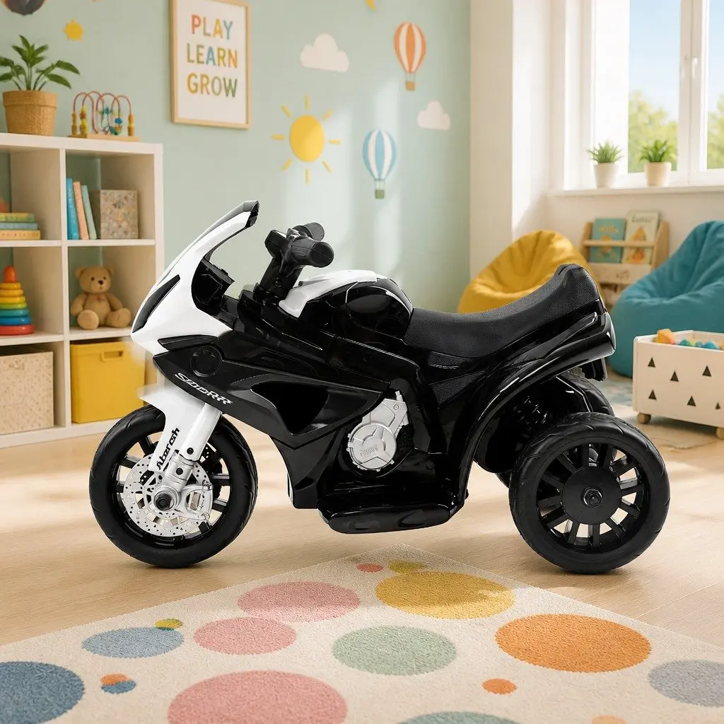 Kids Electric Ride On Motorcycle Black 6V Battery Powered 3-Wheel Suspension