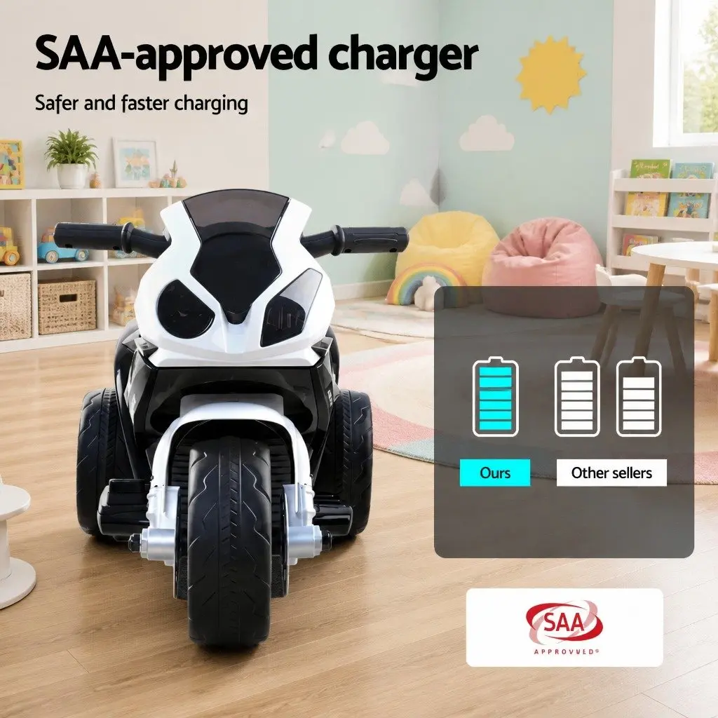 Kids Electric Ride On Motorcycle Black 6V Battery Powered 3-Wheel Suspension