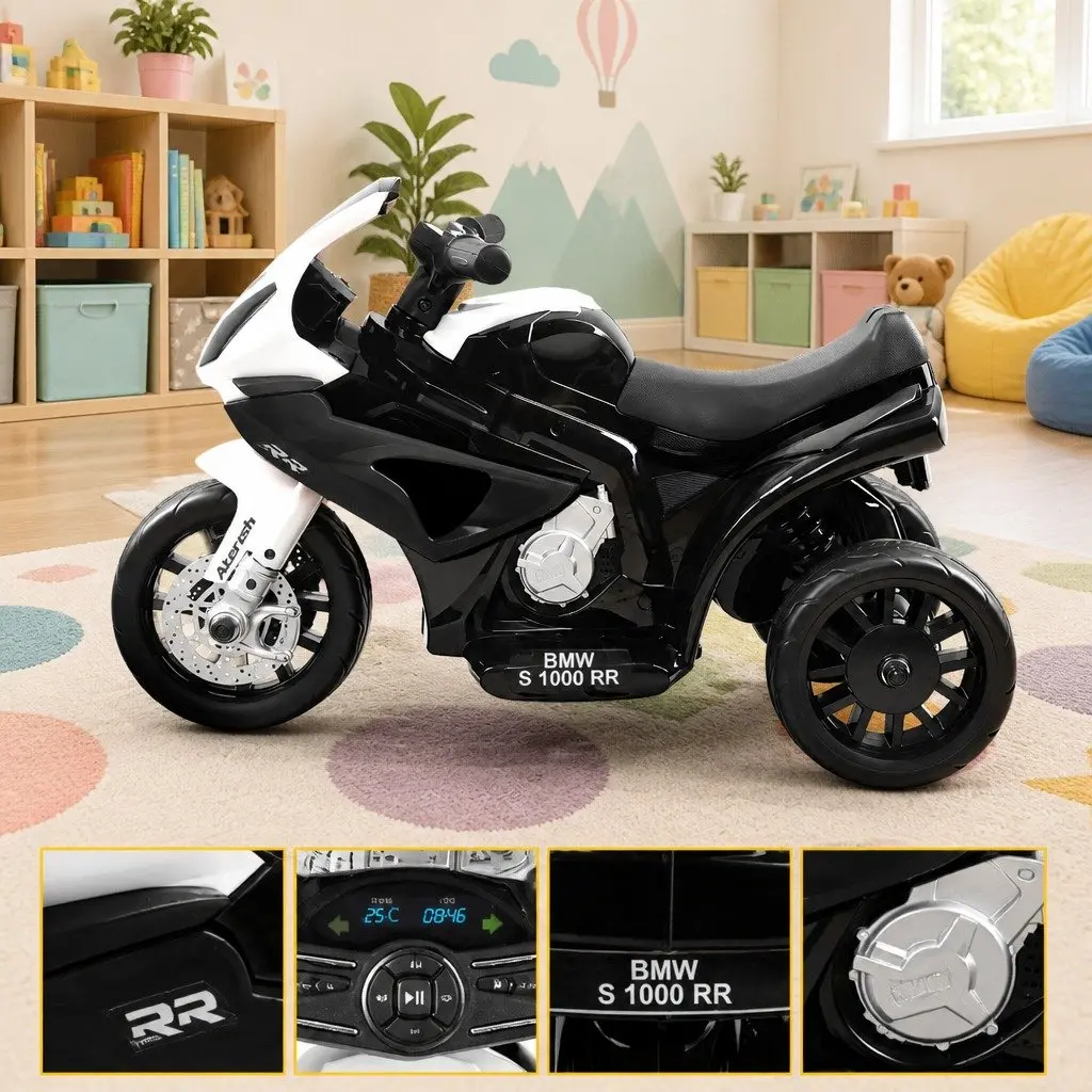 Kids Electric Ride On Motorcycle Black 6V Battery Powered 3-Wheel Suspension